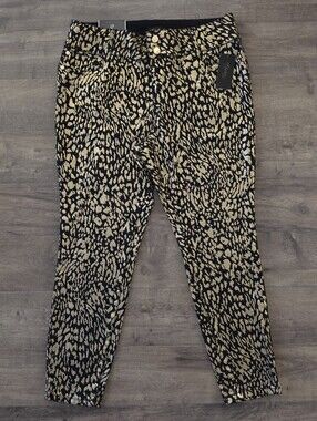 Thalia Sodi Leopard Foil Print Skinny Ankle Jeans 14 Women's NWT Black Gold
